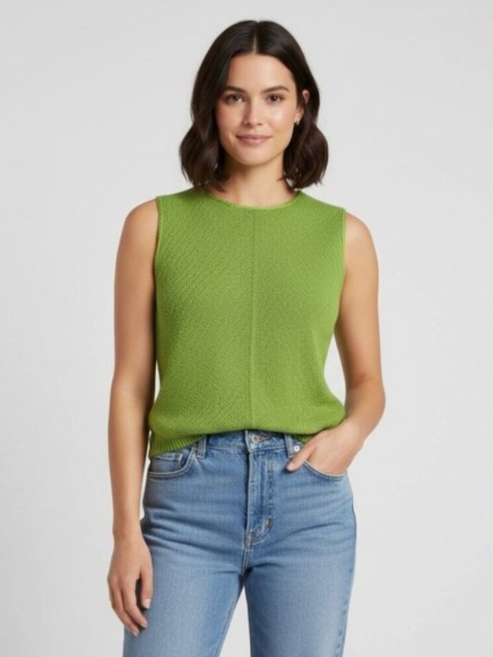 Vintage Matcha Green Textured Sleeveless Sweater Vest Top - S/M